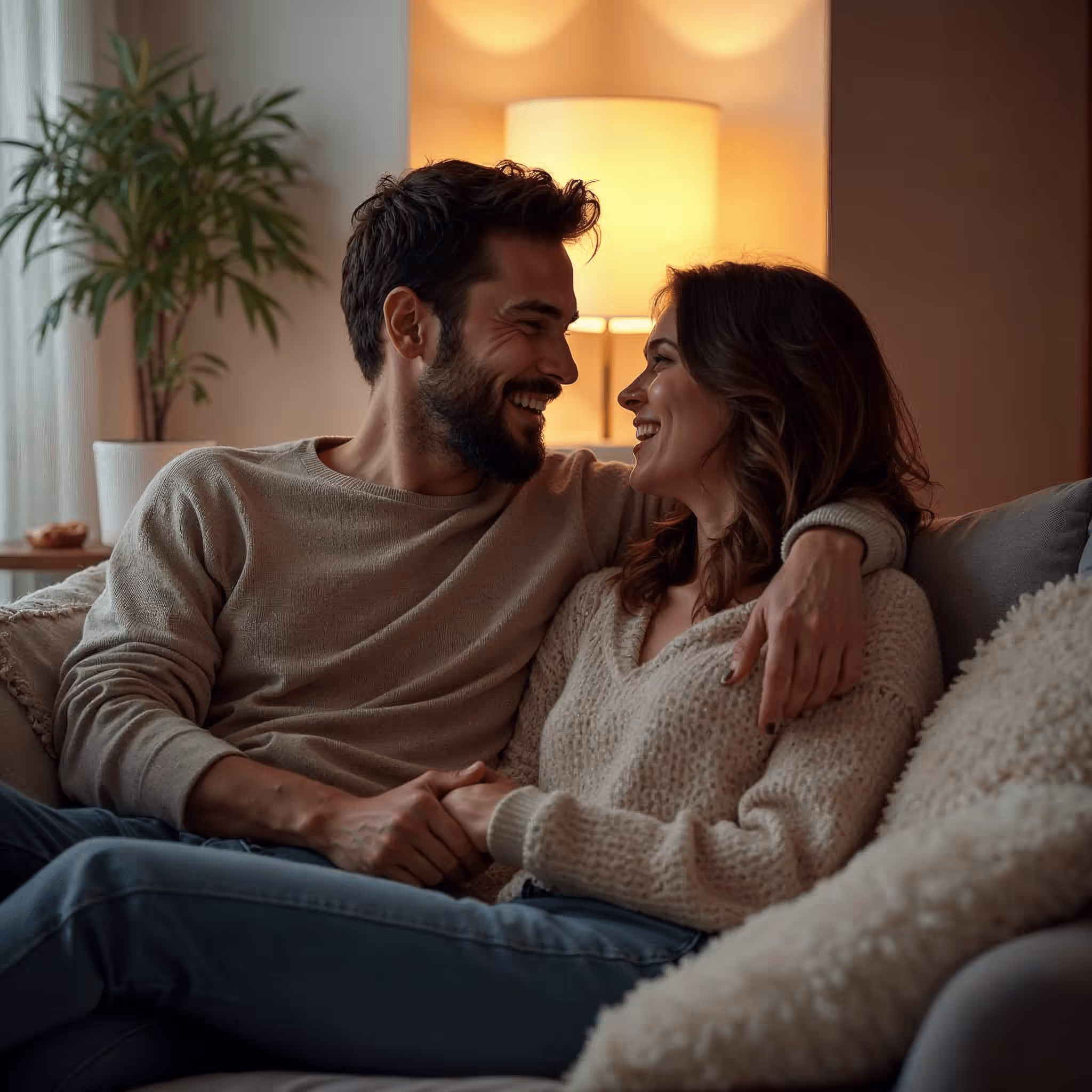 A happy couple enjoying sitting on a couch.
